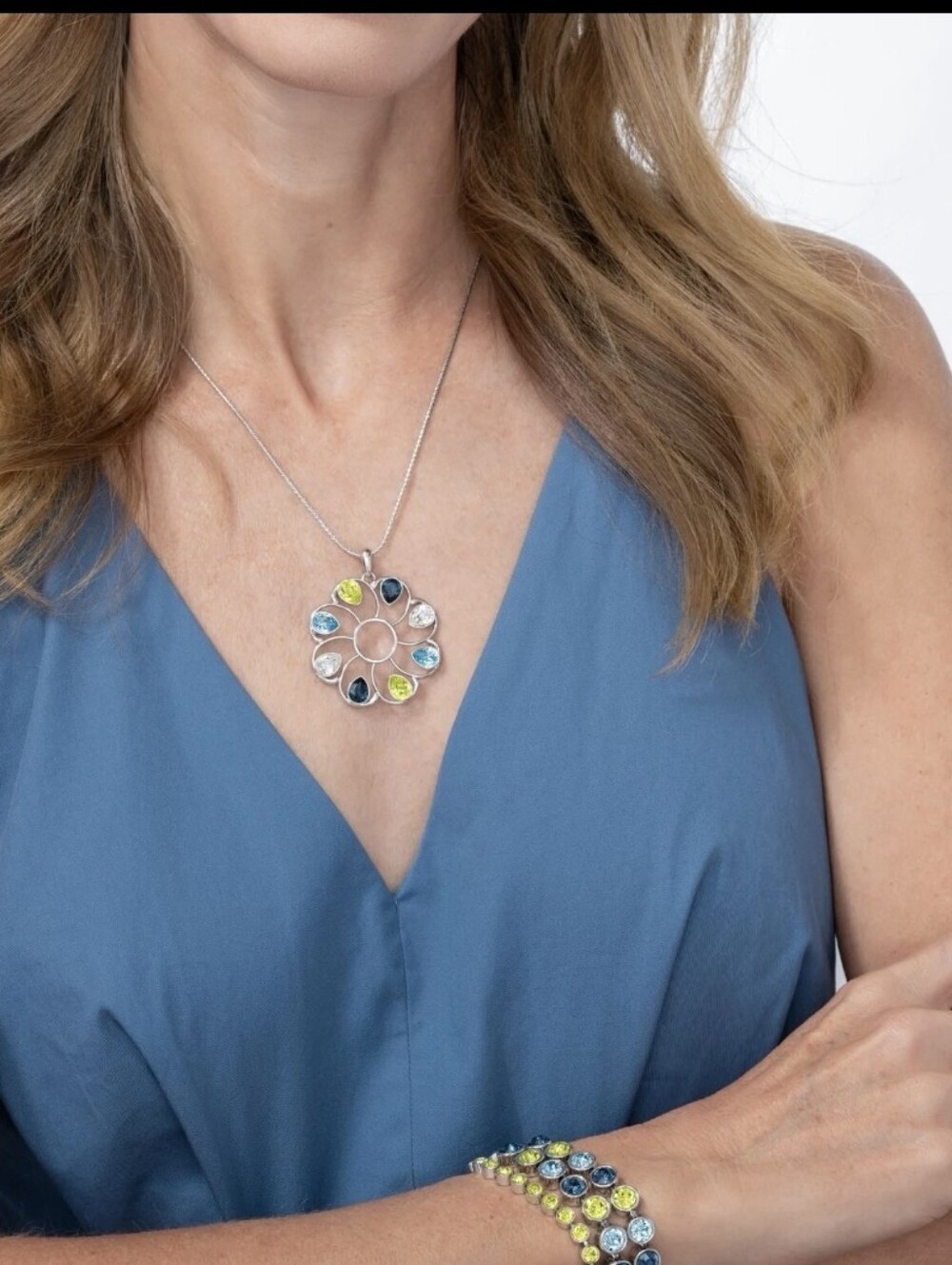 Swarovski Silver Open Circle Pendant with Blue and Lime Crystals